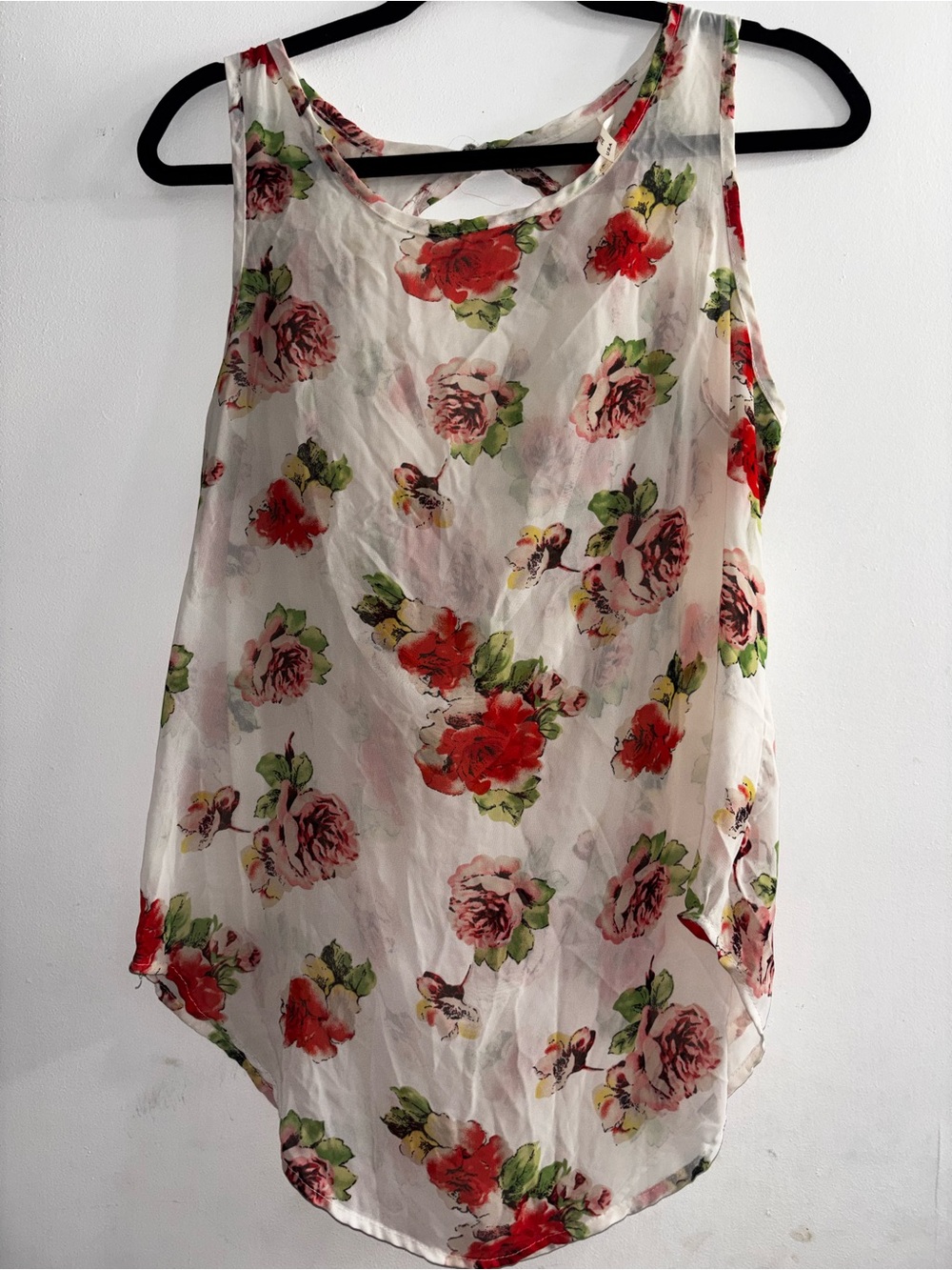 Floral Sleeveless Chiffon Top - Cream with Red & Pink Roses open back size M